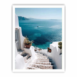 Santorini sea view stairs photography for coastal bedroom wall decor.