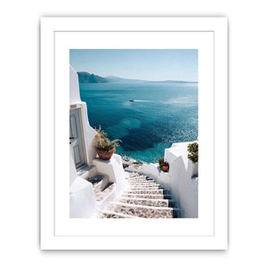 Santorini sea view stairs photography for coastal bedroom wall decor.