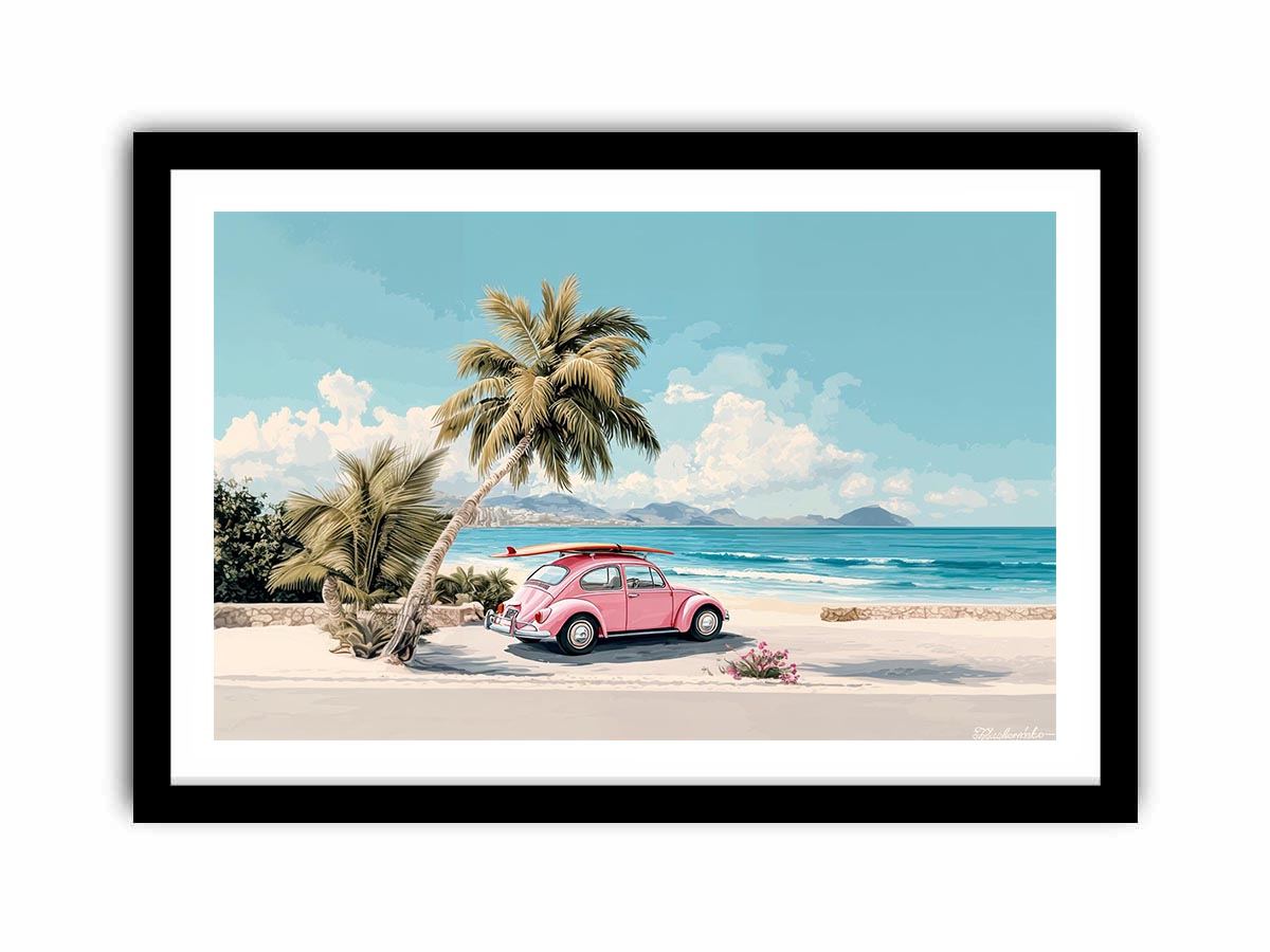 Pink vintage car with surfboard under palm trees on a tropical beach for coastal living room decor.