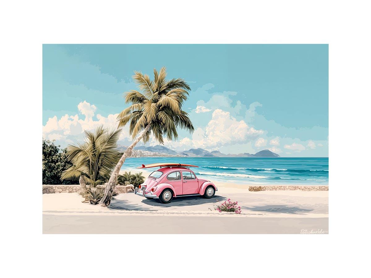 Pink vintage car with surfboard under palm trees on a tropical beach for coastal living room decor.