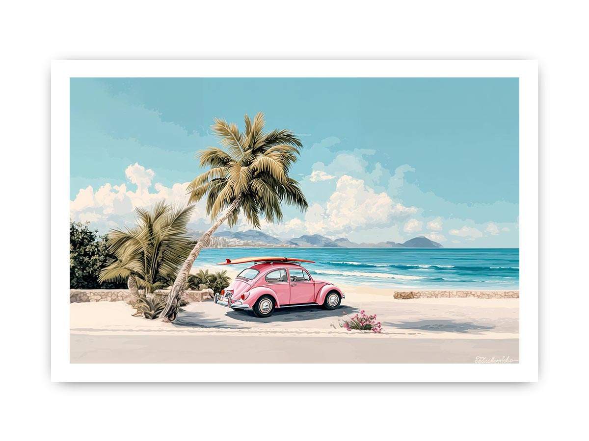 Pink vintage car with surfboard under palm trees on a tropical beach for coastal living room decor.