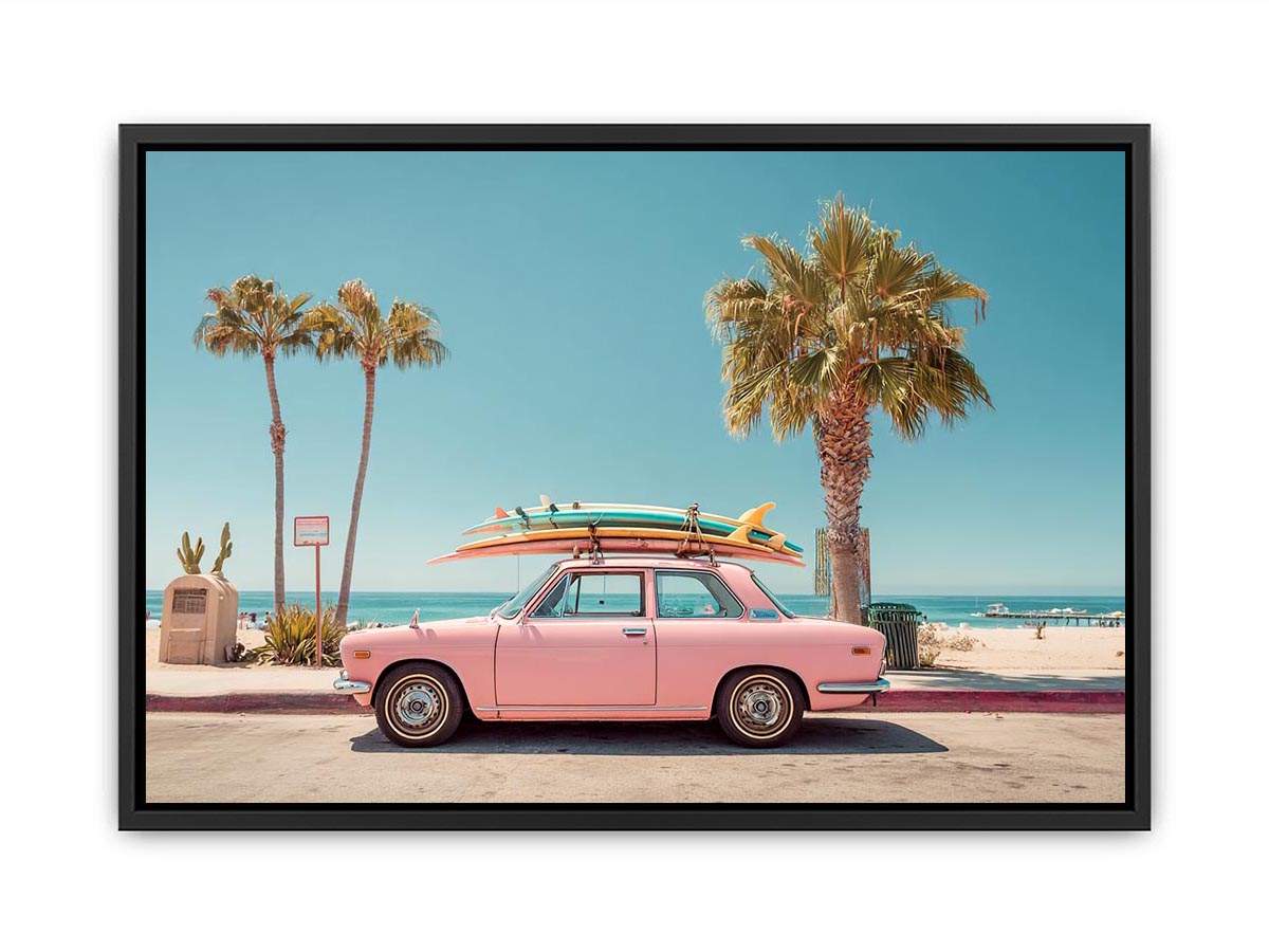 Pink vintage beach car with surfboards and palm trees for retro coastal wall decor.
