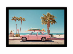 Pink vintage beach car with surfboards and palm trees for retro coastal wall decor.