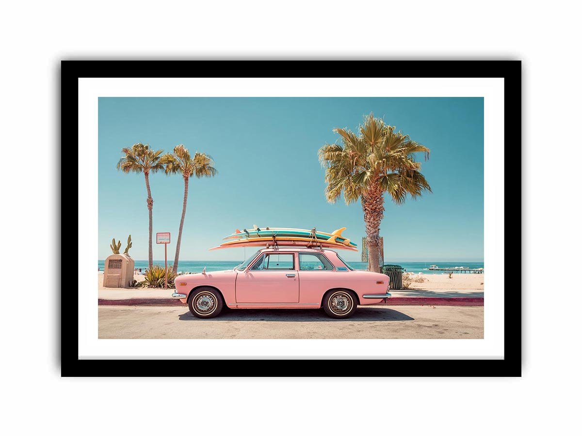 Pink vintage beach car with surfboards and palm trees for retro coastal wall decor.
