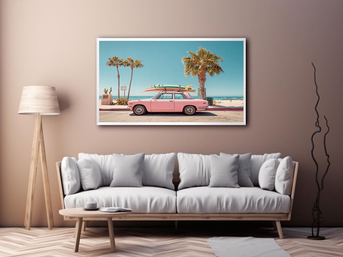 Pink vintage beach car with surfboards and palm trees for retro coastal wall decor.