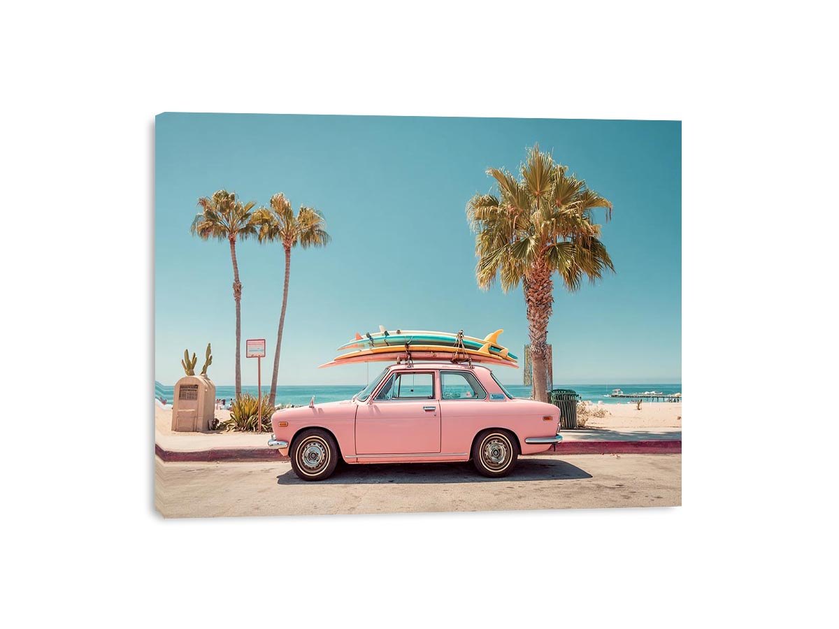 Pink vintage beach car with surfboards and palm trees for retro coastal wall decor.