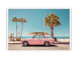 Pink vintage beach car with surfboards and palm trees for retro coastal wall decor.