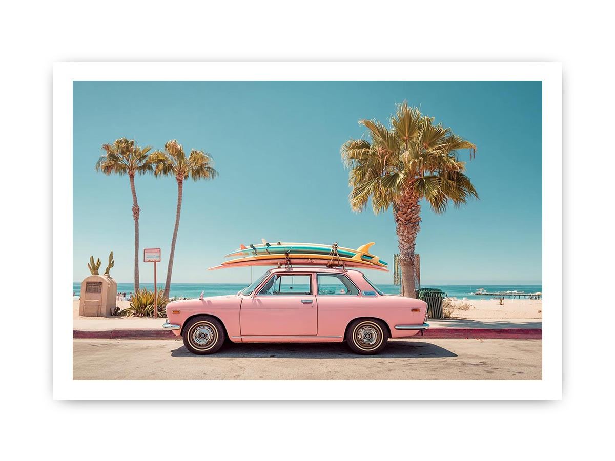 Pink vintage beach car with surfboards and palm trees for retro coastal wall decor.