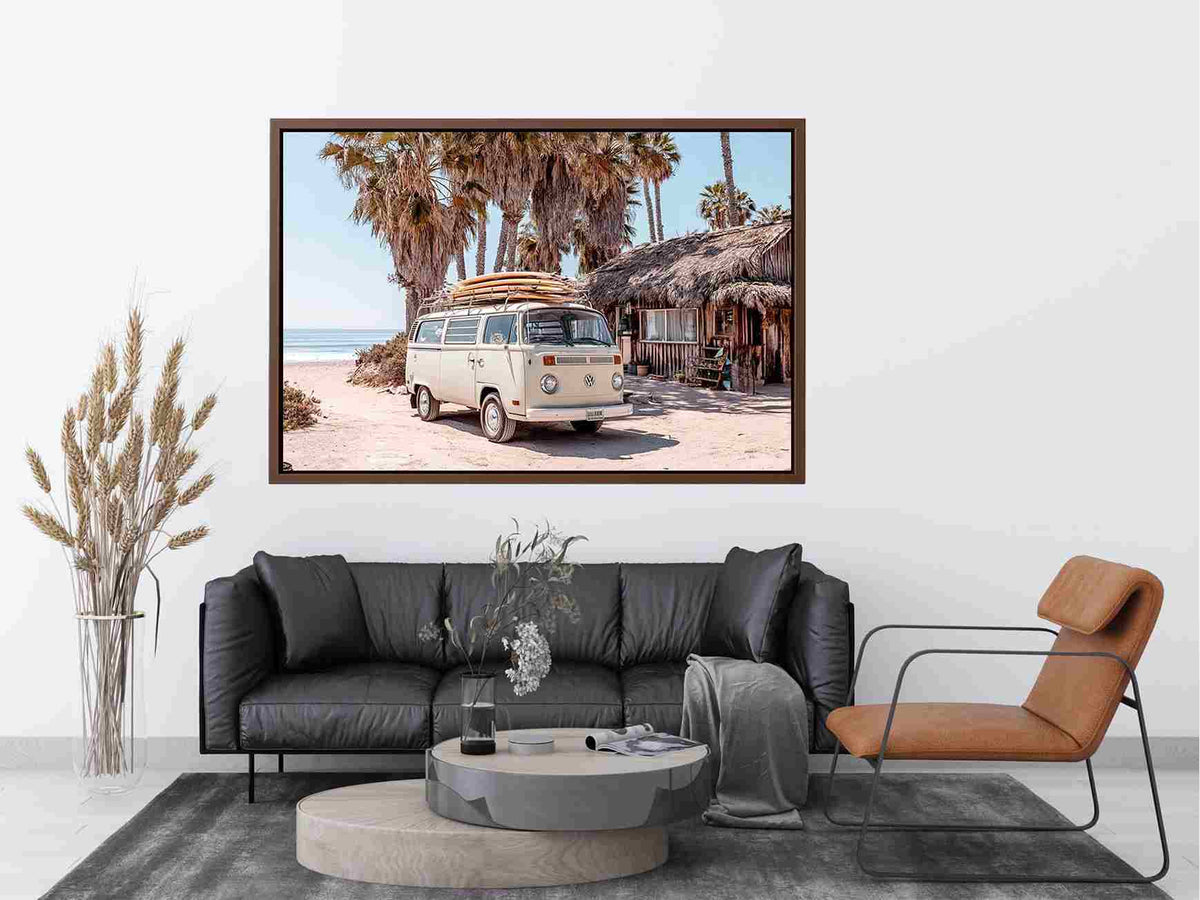 Cream vintage surf van near a palm beach hut for rustic coastal living room decor.