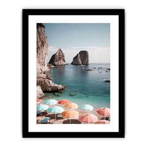 Pastel umbrellas overlooking turquoise sea cliffs for Mediterranean coastal bedroom decor.