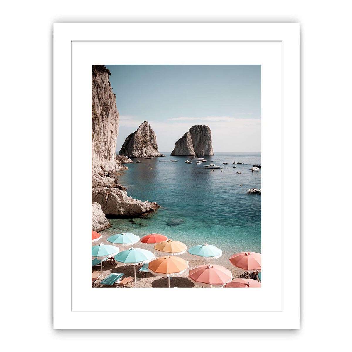 Pastel umbrellas overlooking turquoise sea cliffs for Mediterranean coastal bedroom decor.