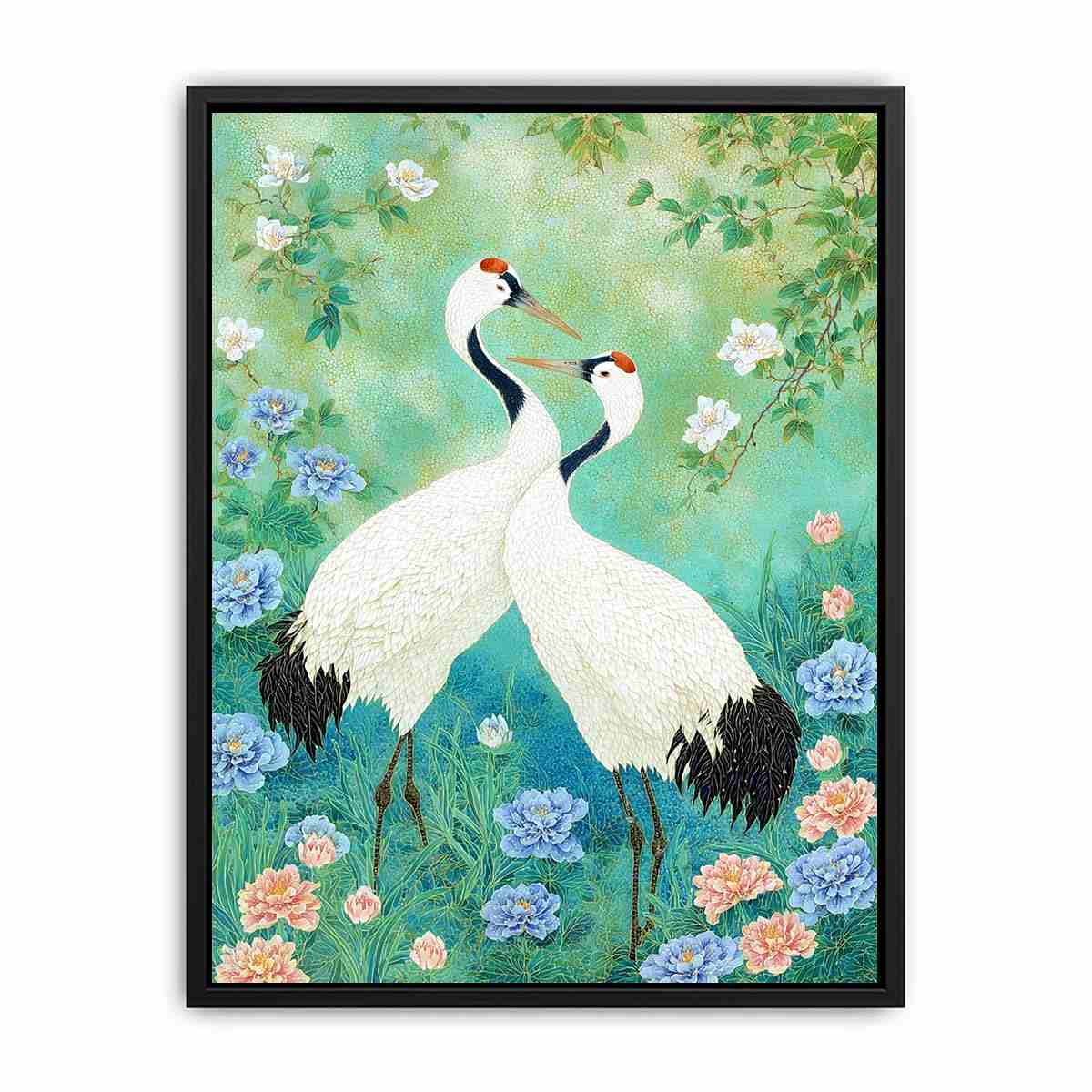 Two white cranes among peonies and mint greenery for elegant Asian botanical decor.