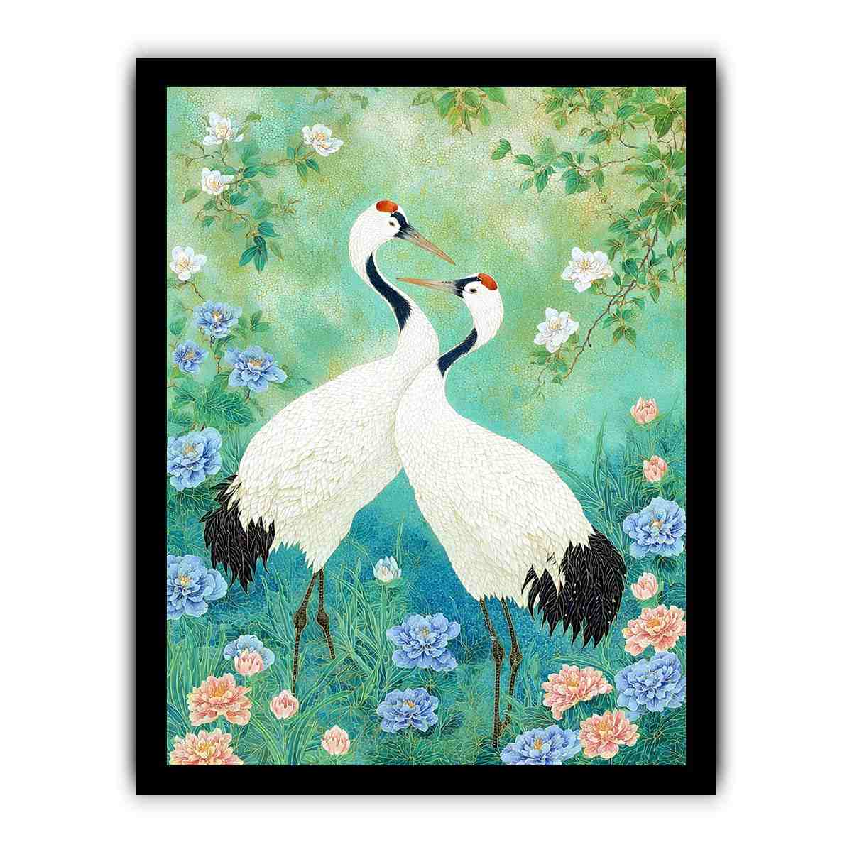 Two white cranes among peonies and mint greenery for elegant Asian botanical decor.