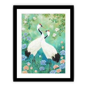 Two white cranes among peonies and mint greenery for elegant Asian botanical decor.