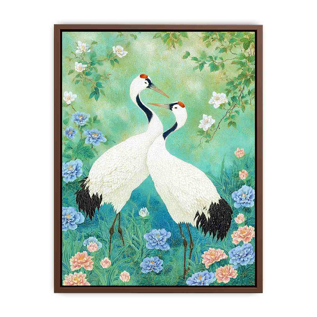 Two white cranes among peonies and mint greenery for elegant Asian botanical decor.