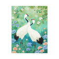 Two white cranes among peonies and mint greenery for elegant Asian botanical decor.