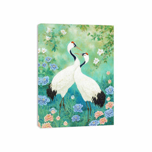 Two white cranes among peonies and mint greenery for elegant Asian botanical decor.