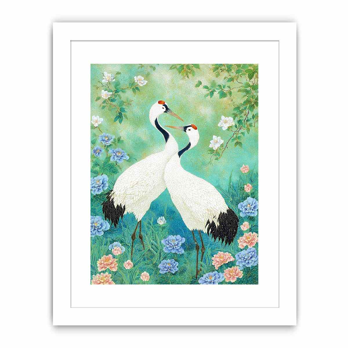 Two white cranes among peonies and mint greenery for elegant Asian botanical decor.