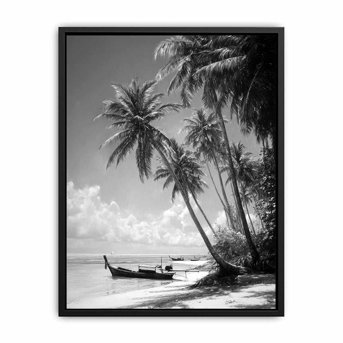 Black and white tropical palms and longtail boat for serene coastal bedroom wall art.