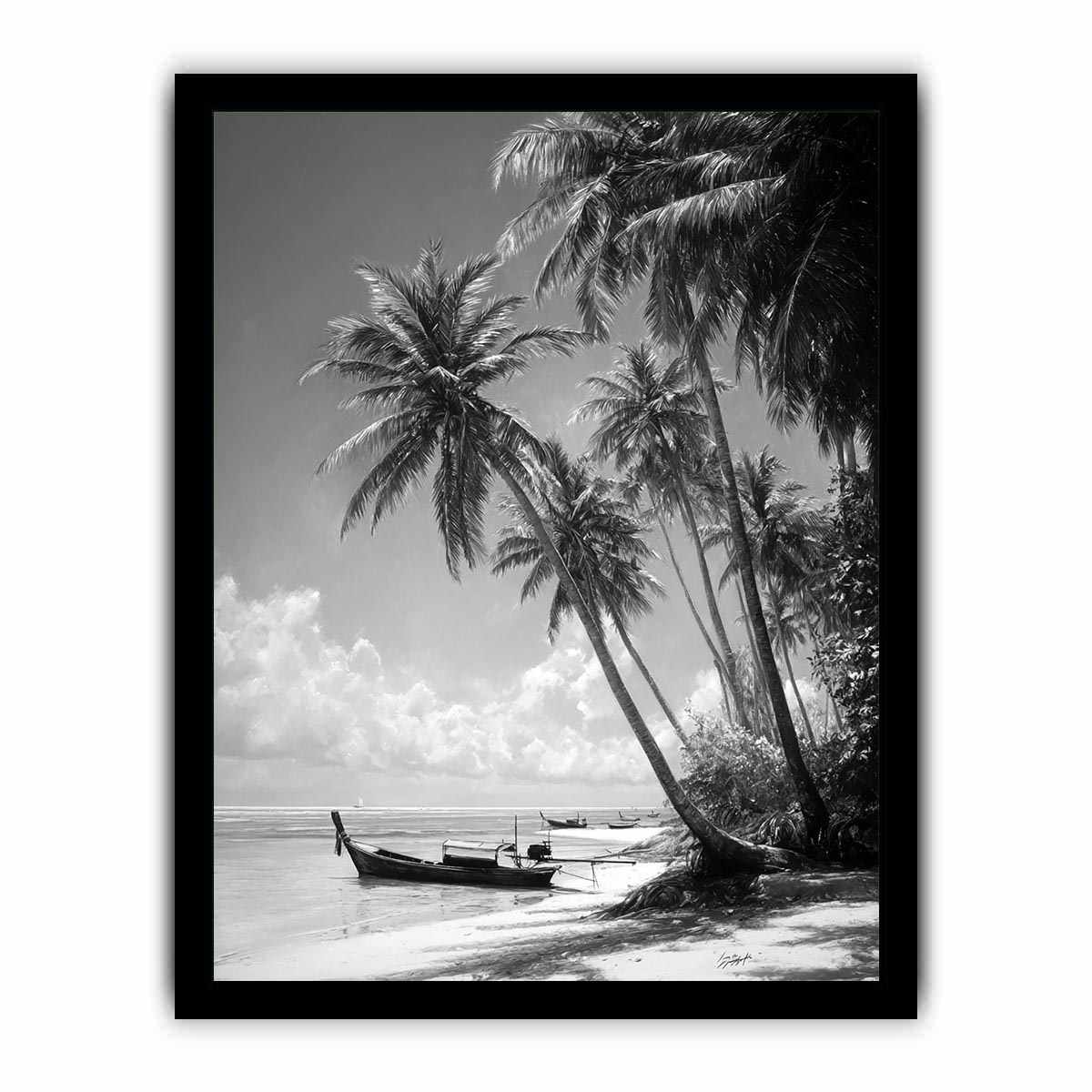 Black and white tropical palms and longtail boat for serene coastal bedroom wall art.