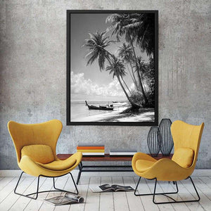 Black and white tropical palms and longtail boat for serene coastal bedroom wall art.