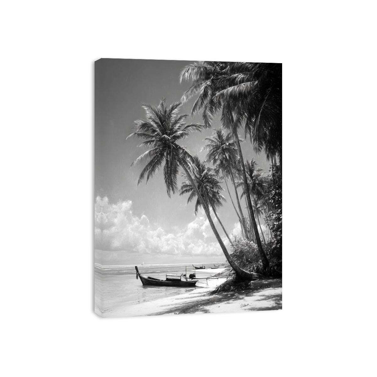 Black and white tropical palms and longtail boat for serene coastal bedroom wall art.