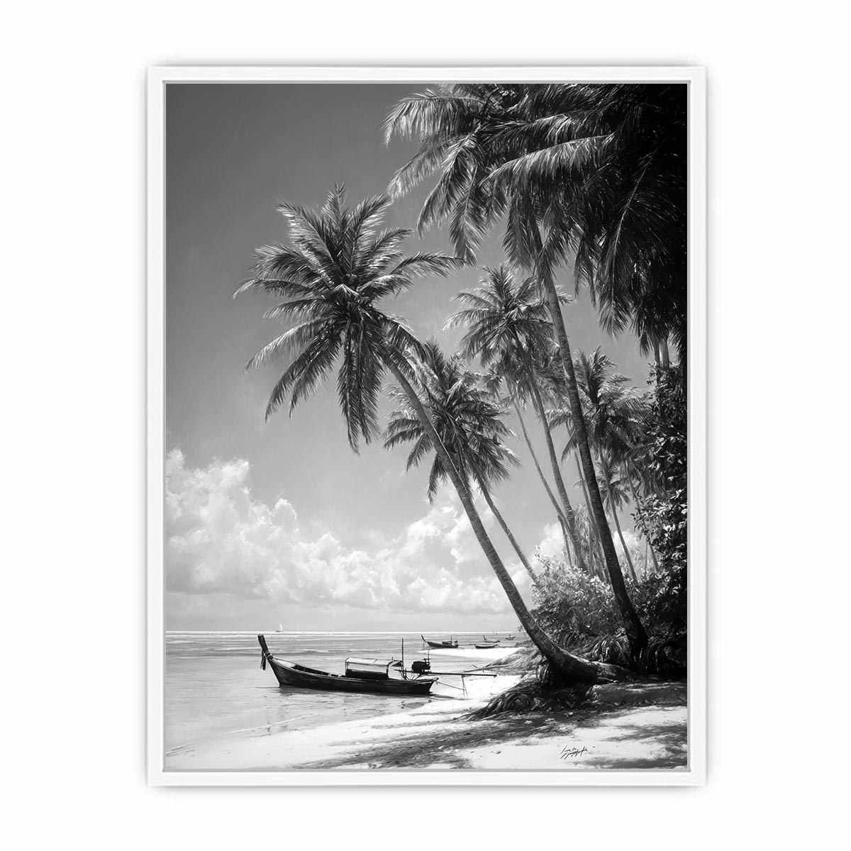 Black and white tropical palms and longtail boat for serene coastal bedroom wall art.
