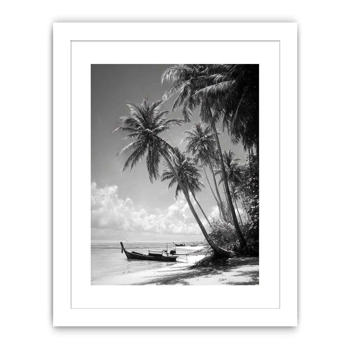 Black and white tropical palms and longtail boat for serene coastal bedroom wall art.