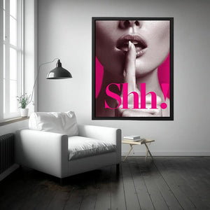 Editorial close-up portrait with shh typography and hot pink accents for glam wall decor.