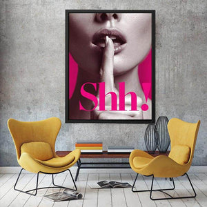 Editorial close-up portrait with shh typography and hot pink accents for glam wall decor.