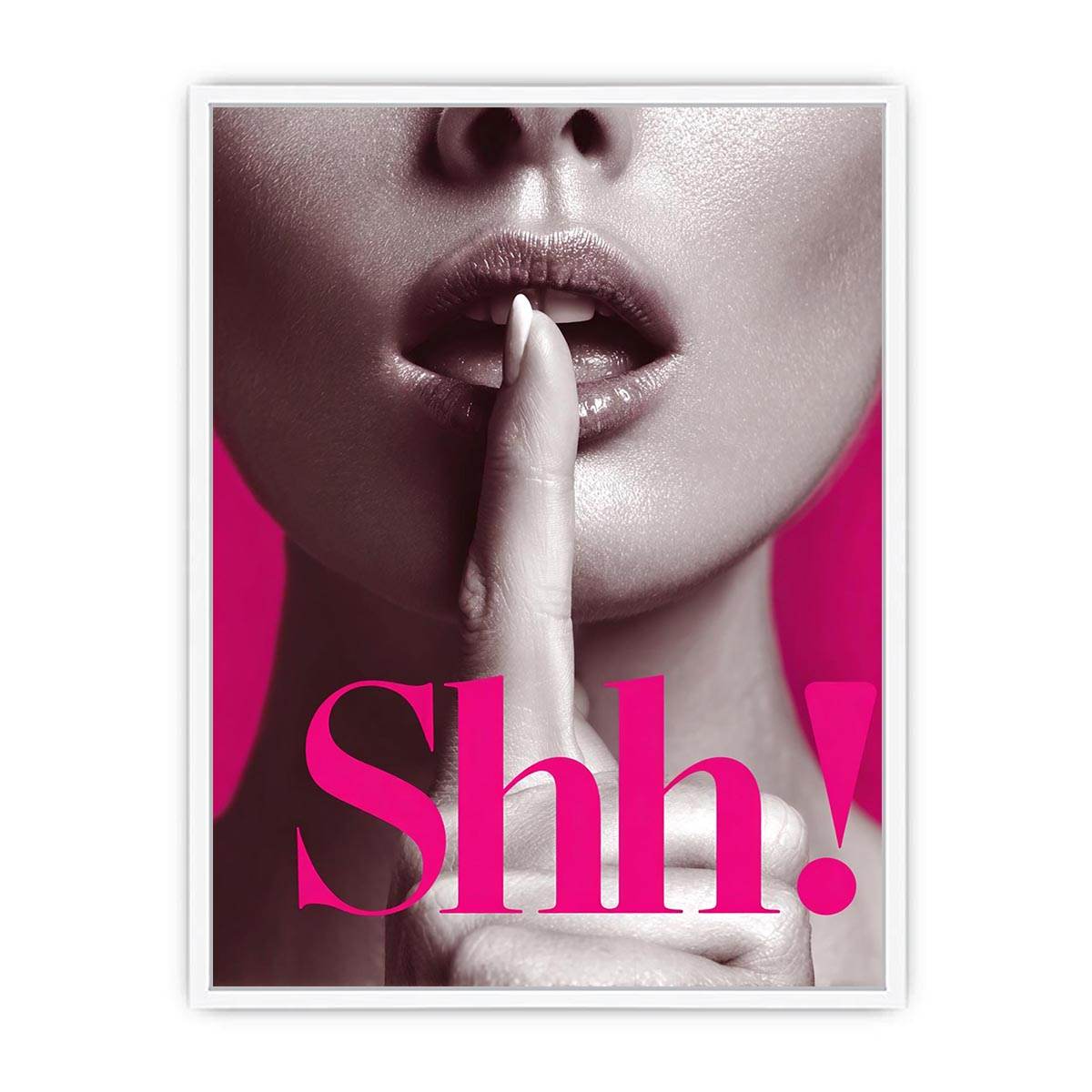 Editorial close-up portrait with shh typography and hot pink accents for glam wall decor.
