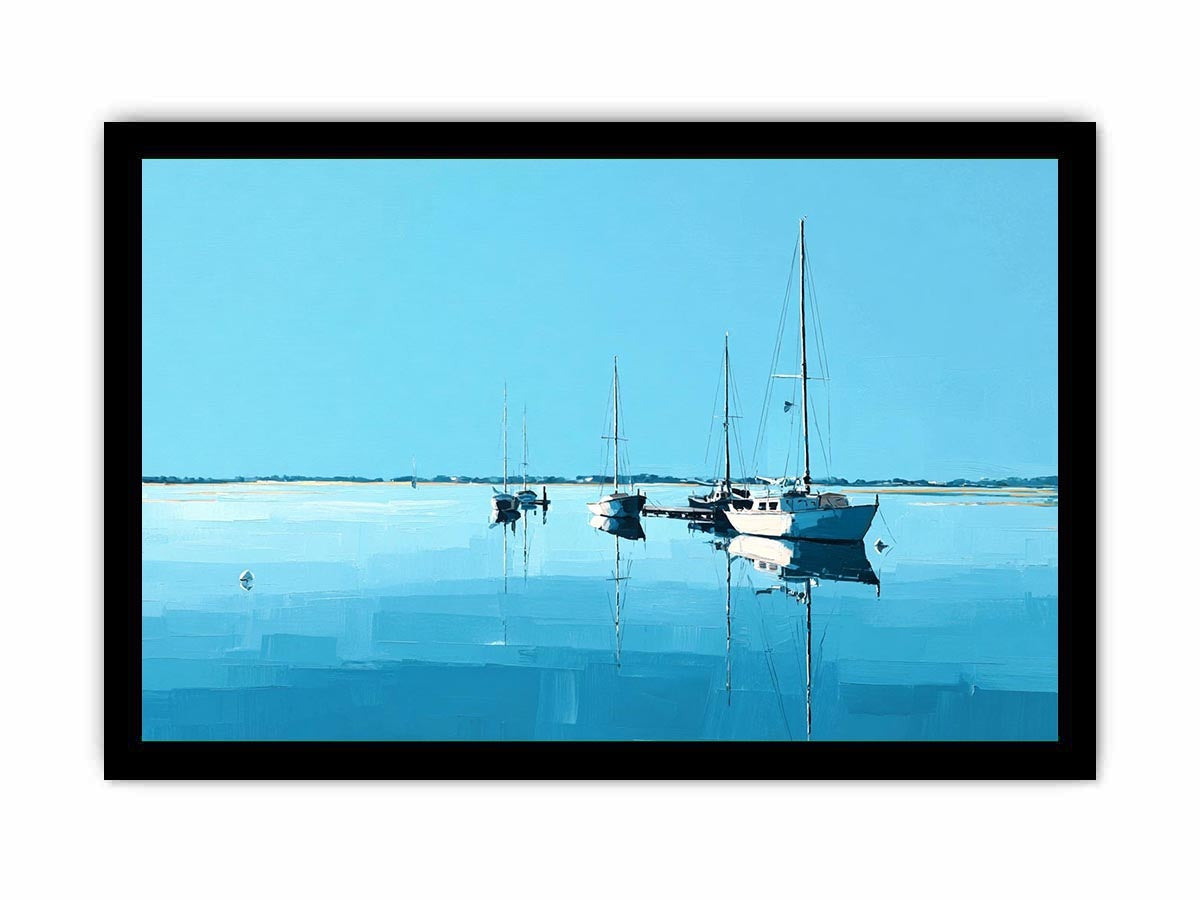 Minimal blue sailboats reflected on calm water for serene coastal living room decor.
