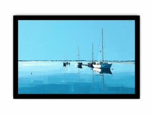 Minimal blue sailboats reflected on calm water for serene coastal living room decor.