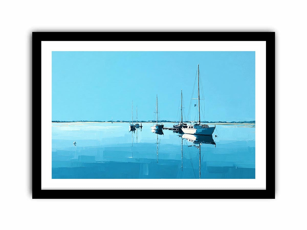Minimal blue sailboats reflected on calm water for serene coastal living room decor.