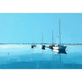 Minimal blue sailboats reflected on calm water for serene coastal living room decor.