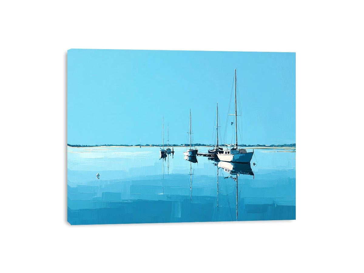 Minimal blue sailboats reflected on calm water for serene coastal living room decor.