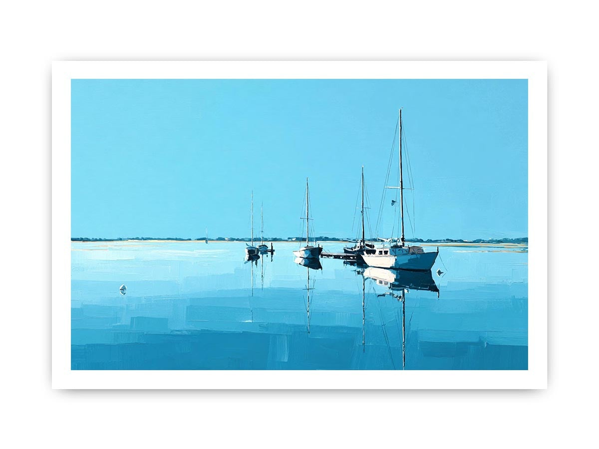 Minimal blue sailboats reflected on calm water for serene coastal living room decor.
