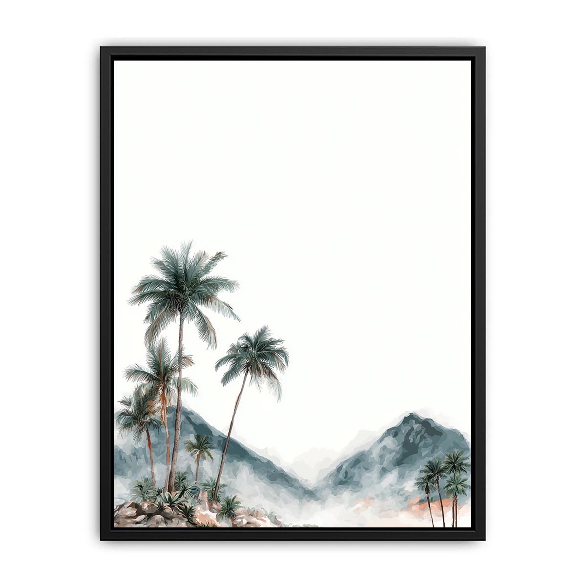 Minimal misty palm mountains in soft watercolor style for calming bedroom wall decor.