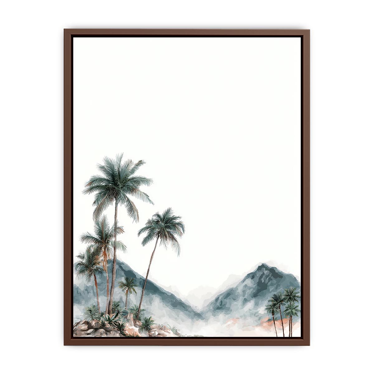 Minimal misty palm mountains in soft watercolor style for calming bedroom wall decor.