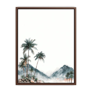 Minimal misty palm mountains in soft watercolor style for calming bedroom wall decor.