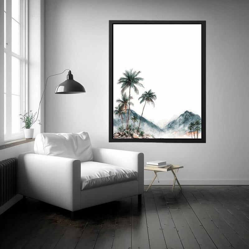 Minimal misty palm mountains in soft watercolor style for calming bedroom wall decor.