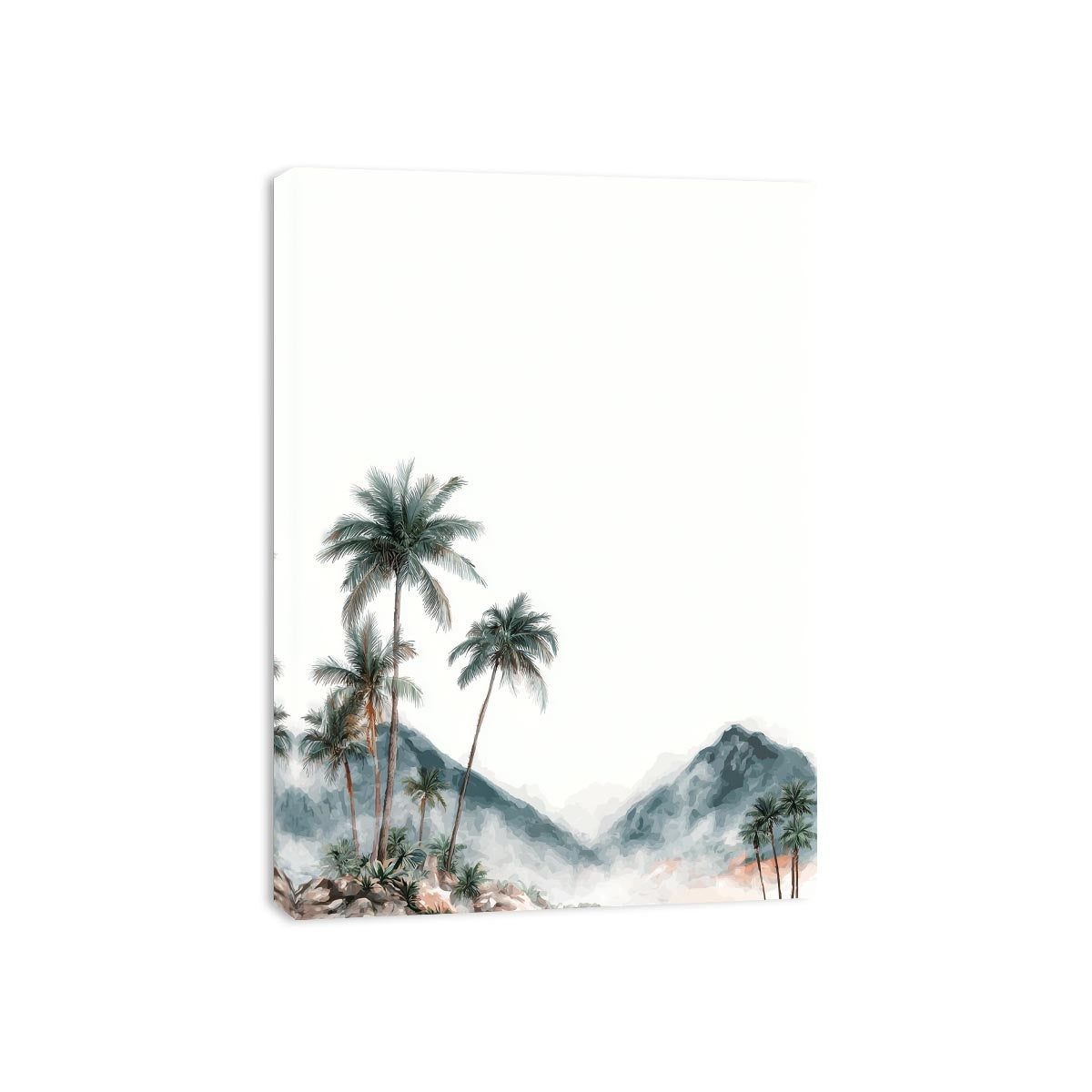 Minimal misty palm mountains in soft watercolor style for calming bedroom wall decor.