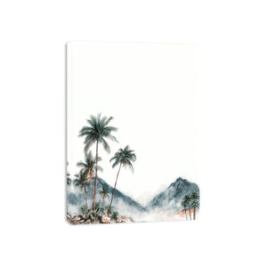Minimal misty palm mountains in soft watercolor style for calming bedroom wall decor.