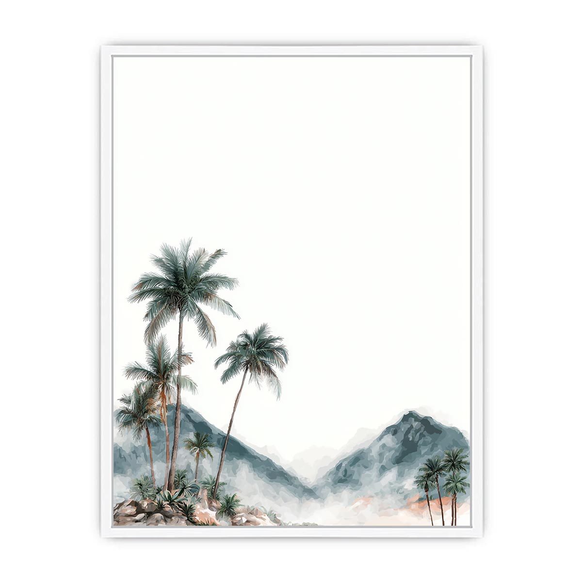 Minimal misty palm mountains in soft watercolor style for calming bedroom wall decor.