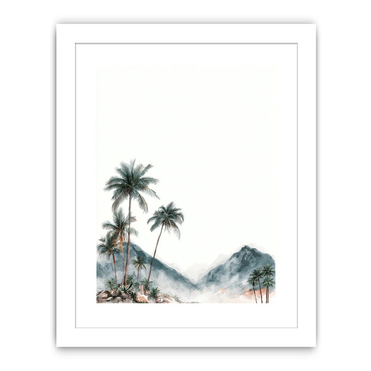 Minimal misty palm mountains in soft watercolor style for calming bedroom wall decor.