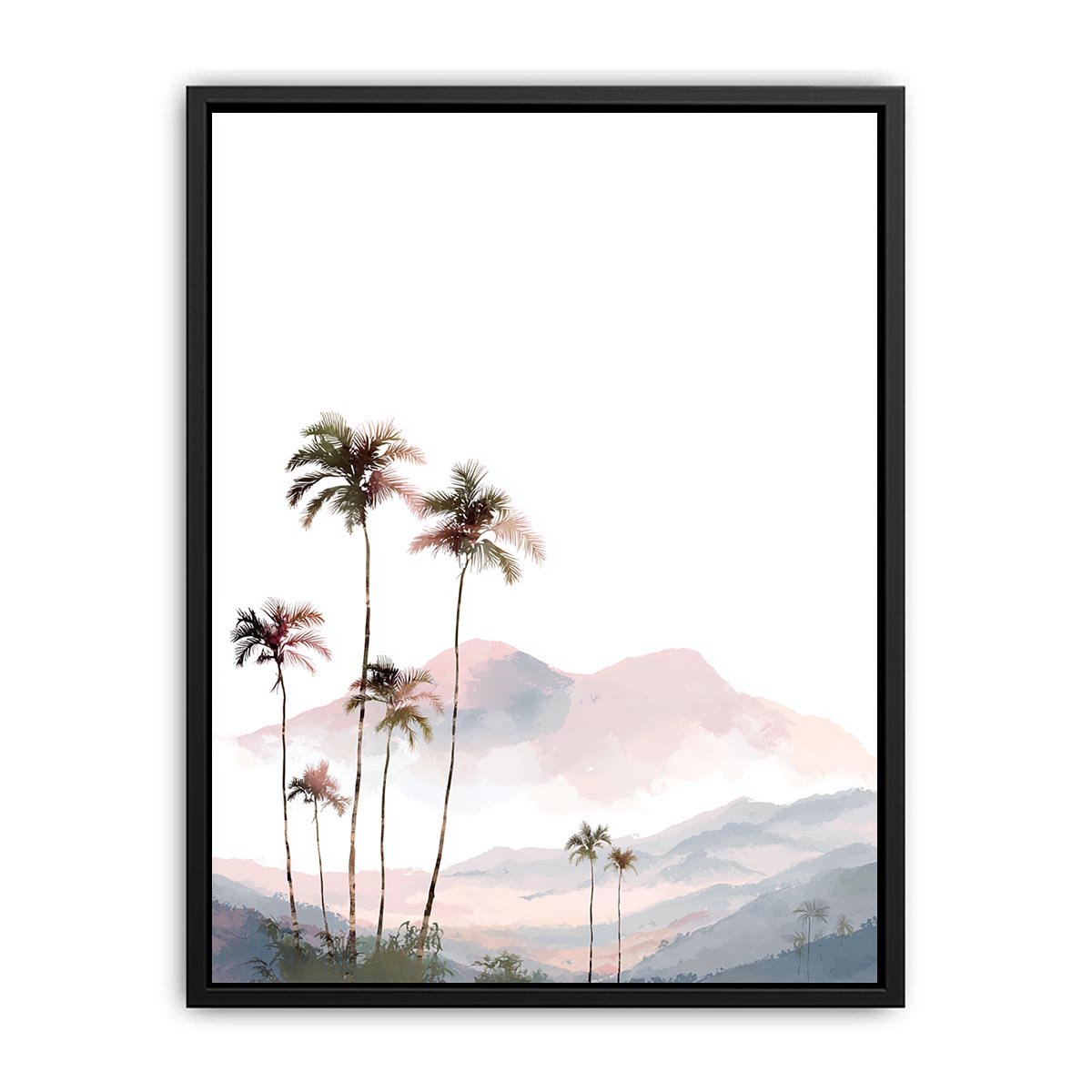 Soft blush palm mountain watercolor for airy tropical bedroom or nursery wall decor.