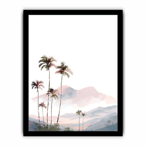 Soft blush palm mountain watercolor for airy tropical bedroom or nursery wall decor.