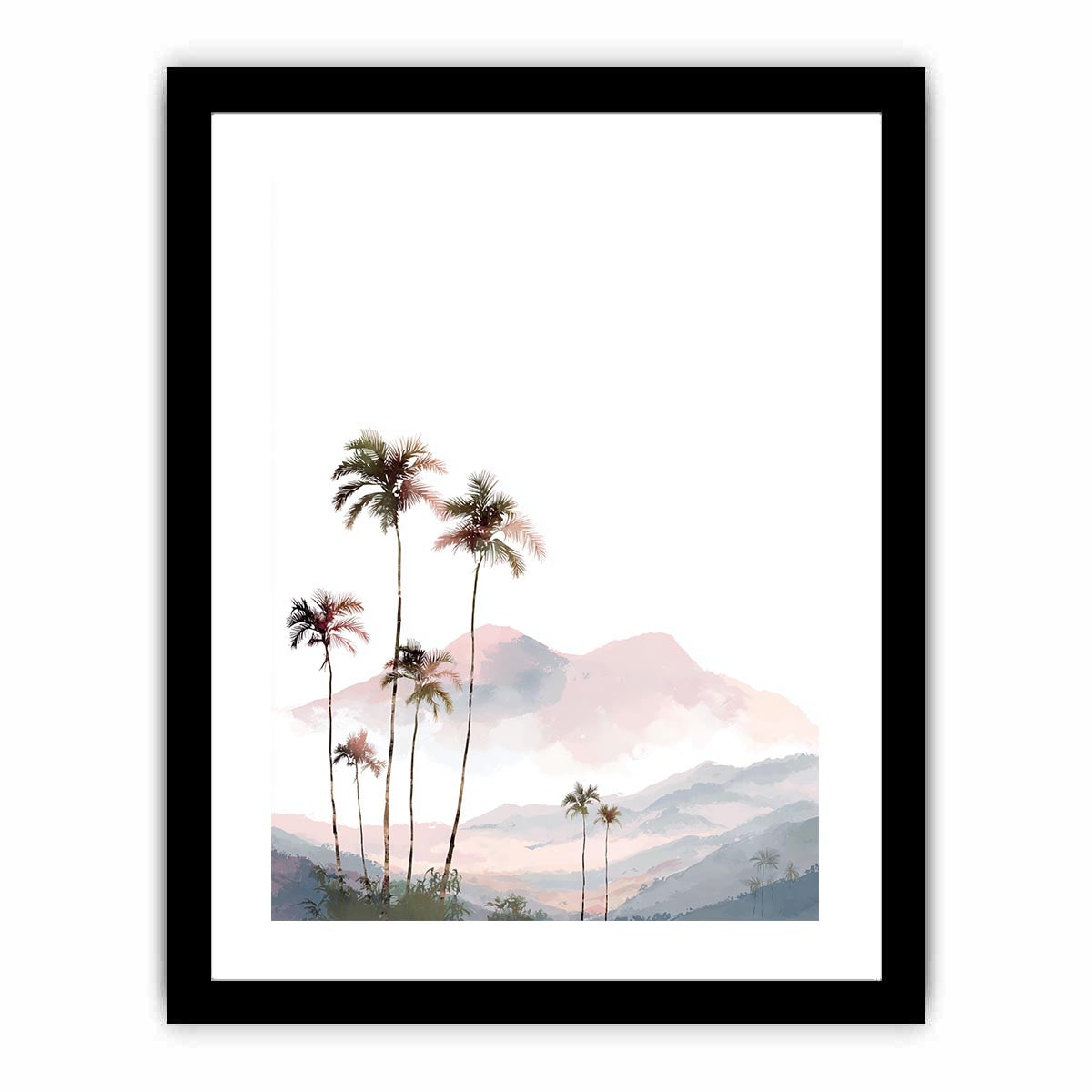 Soft blush palm mountain watercolor for airy tropical bedroom or nursery wall decor.