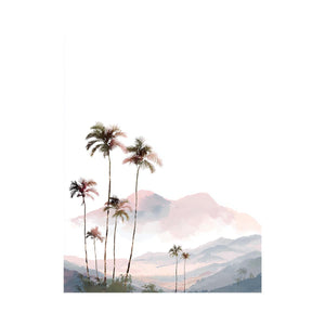 Soft blush palm mountain watercolor for airy tropical bedroom or nursery wall decor.