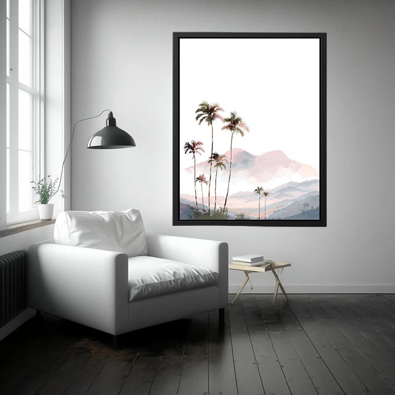 Soft blush palm mountain watercolor for airy tropical bedroom or nursery wall decor.